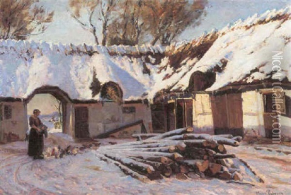 En Vinterdag Pa Gardspladsen Oil Painting - Viggo Pedersen