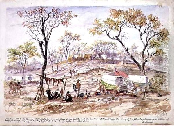 Wagon of the South African Goldfields Expedition and those of Mr Hartley outspanned near the camp of Sir John Swinburne of the London and Limpopo Mining Company Oil Painting - Thomas Baines