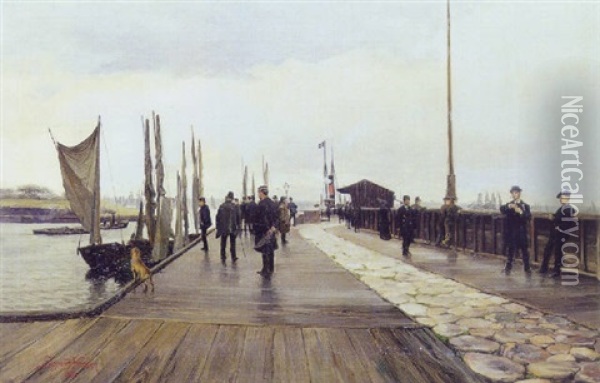 Helsingors Skibsbro. Aftenstemning Ved Havnen Oil Painting - Sigvard Marius Hansen