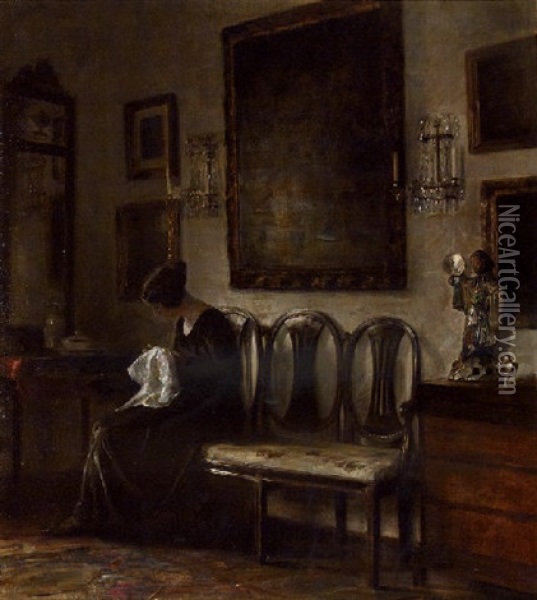 A Lady Sewing In An Interior Oil Painting - Carl Vilhelm Holsoe
