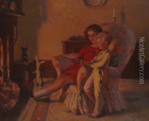 By The Fireside. Oil Painting - Lancelot Roberts
