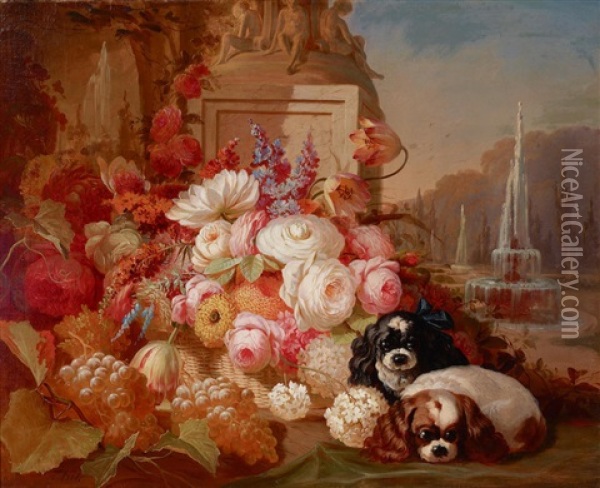 Two Blenheim Cavalier King Charles Spaniels With Flowers Oil Painting - Thomas Hill