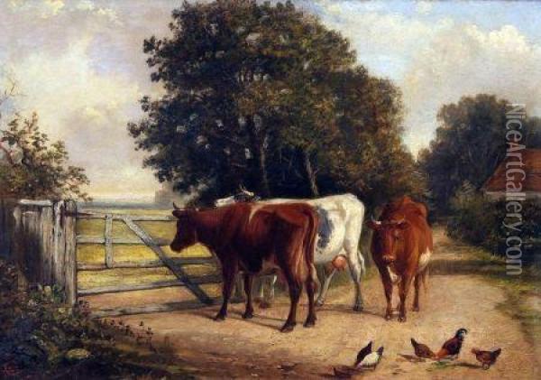 Cows And Chickens In Country Lane Oil Painting - Joseph Clark