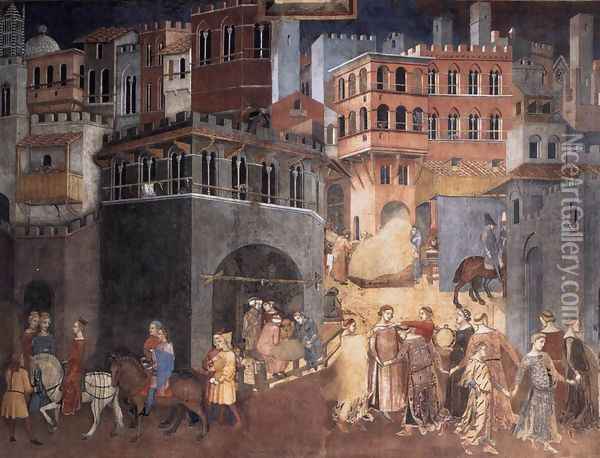 Effects of Good Government on the City Life (detail-3) 1338-40 Oil Painting - Ambrogio Lorenzetti