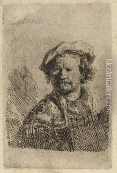 Self-portrait In A Flat Cap And Embroidered Dress Oil Painting - Rembrandt Van Rijn