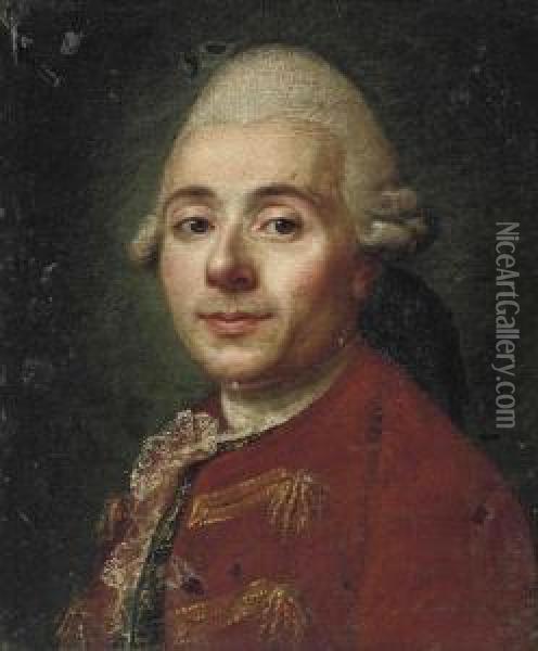 Portrait Of A Gentleman, Bust-length, In A Red Coat Oil Painting - Alexander Roslin