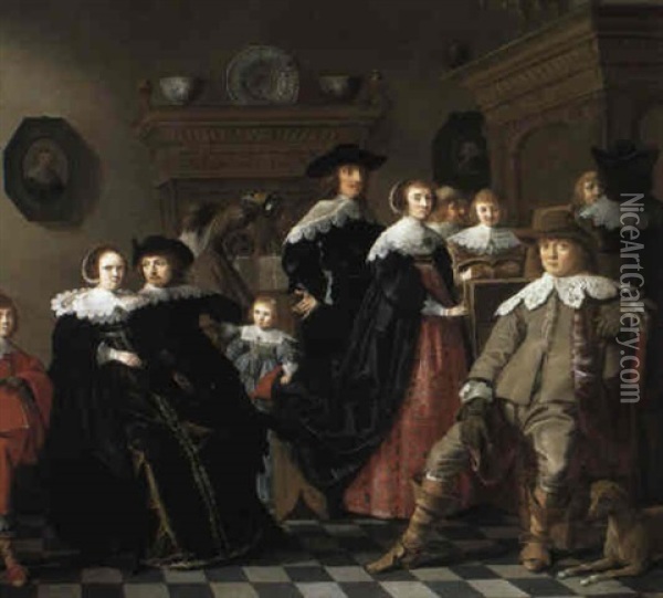 Elegant Family In An Interior Oil Painting - Jan Olis