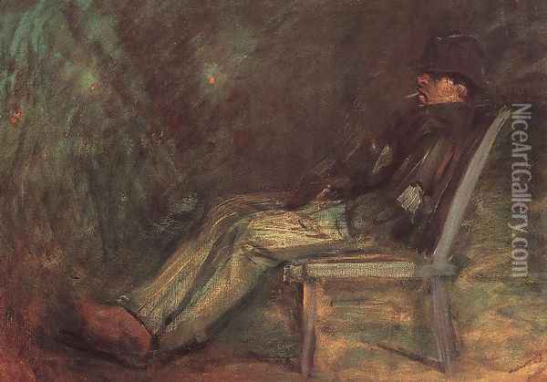 Tramp Seated on a Bench c. 1898 Oil Painting - Laszlo Mednyanszky