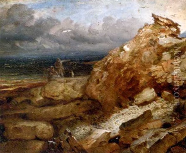 An Extensive Valley View With Figures On A Rocky Crag In The Foreground Oil Painting - James William Giles