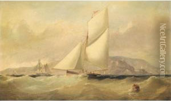 Yacht Racing Off The Lighthouse, Howth; Close To Shore Oil Painting - Arthur Wellington Fowles