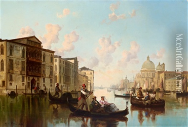 Venedig - Reges Treiben Am Kanal Mit Blick Auf Santa Maria Della Salute Oil Painting - Josef Karl Berthold Puettner