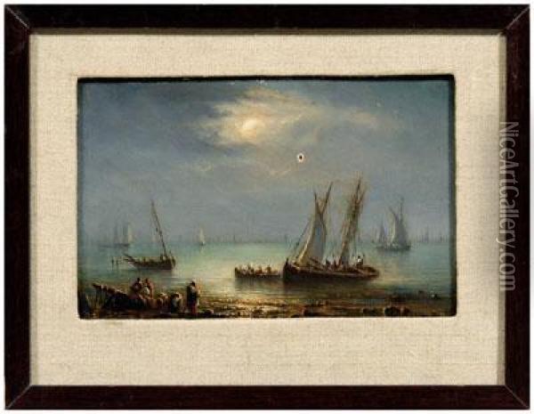 Coastal Scene With Fishing Vessels In Moonlight Oil Painting - Richard Parkes Bonington