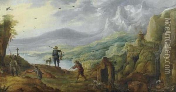 Mountain Landscape With Hunters. Oil Painting - Joos De Momper