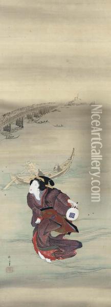 Geisha Hunting Fireflies In The Sumida River Oil Painting - Teisai Hokuba