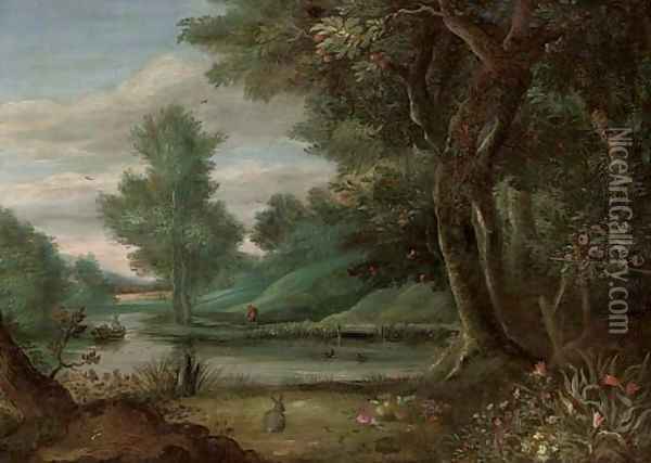 A wooded river landscape with a traveller on a path Oil Painting - Jasper van der Lanen