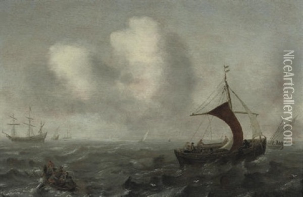 A Wijdschip, A Rowing Boat And Other Shipping In Rough Waters Oil Painting - Jan Porcellis