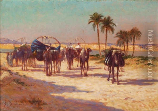Caravane Sur Les Bords De L'oued Bayech, Le Soir A Gafsa Oil Painting - Alexis Auguste Delahogue