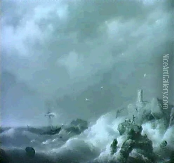 Shipwrecked In A Storm Off A Rocky Coastline Oil Painting - Johannes Koekkoek