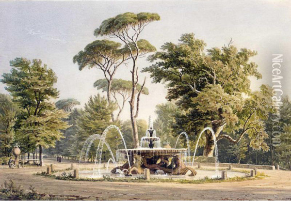 View Of An Elaborate Fountain In The Garden Of The Villa Borghese Oil Painting - Georg Heinrich Busse
