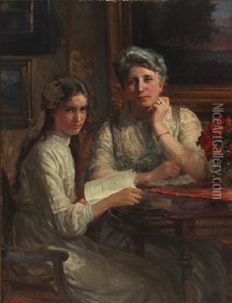 Double Portrait Of Mary Norgaard, Nee Norgaard, With Her Daughter Elsie Norgaard, Married Dybdal Oil Painting - Knud Erik Larsen