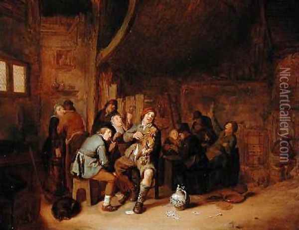 Figures smoking and playing Music in an Inn Oil Painting - Jan Miense Molenaer