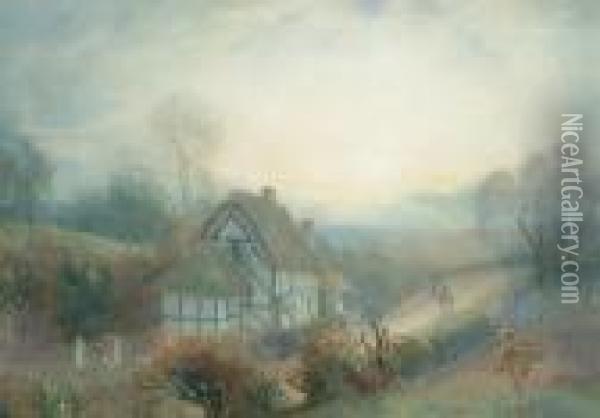Dusk At A Cottage Near Harvington, Worcestershire Oil Painting - Samuel Towers