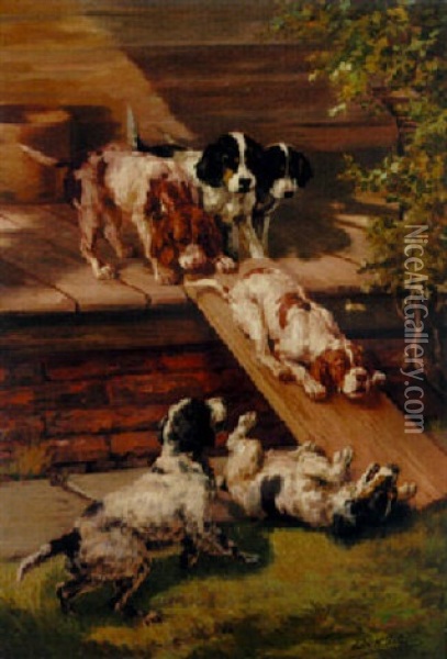Down The Slide, English Setter Puppies Playing Oil Painting - Edmund Henry Osthaus