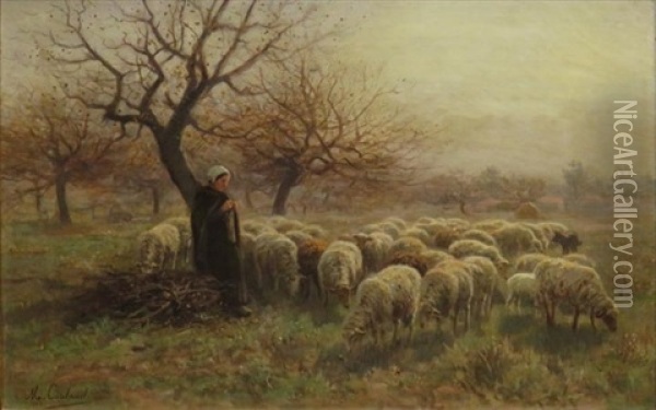 Woman With Sheep In Pasture Oil Painting - Martin Coulaud