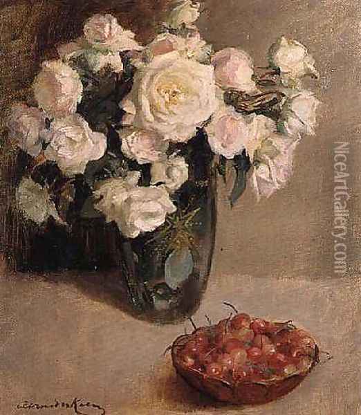 Still Life of Roses and Cherries Oil Painting - A. van der Kelen