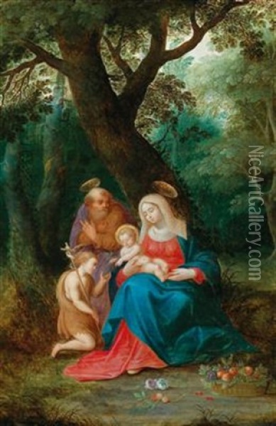 The Holy Family With The Infant Saint John In A Wooded Landscape Oil Painting - Adriaen Van Stalbemt