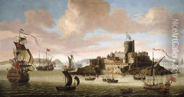 An English Ship and other Shipping off Castle Cornet, Guernsey Oil Painting - Jacob Knyff