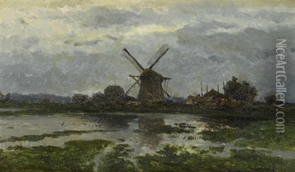 A Dutch Landscape With A Windmill Oil Painting - Paul Joseph Constantin Gabriel