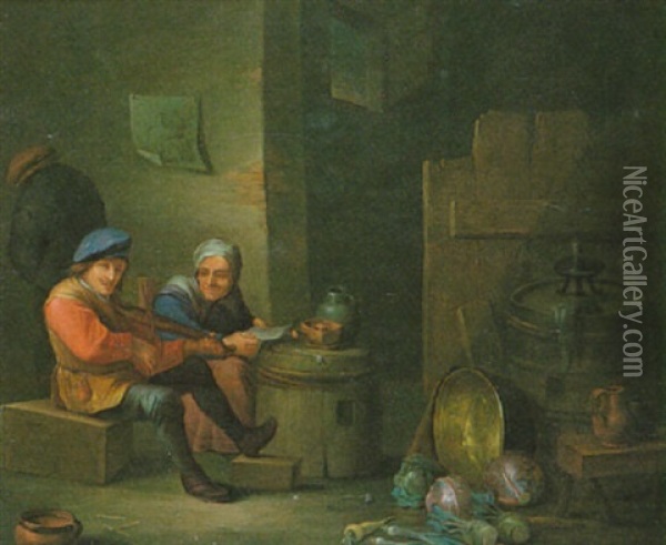 Interieur De Cuisine Avec Musicien Oil Painting - Christian Wilhelm Ernst Dietrich