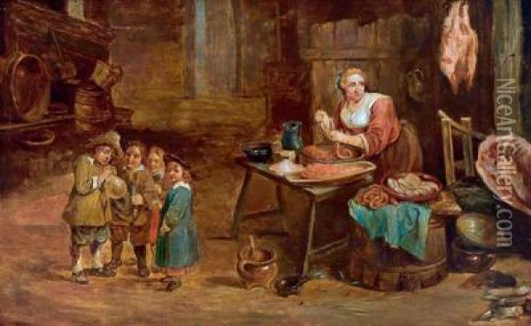 Una Donna Prepara Salsicce Con I Bambini In Un Granaio Oil Painting - David The Younger Teniers