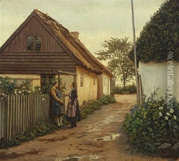 Two Women Having A Conversation In A Village Oil Painting - Sophus Vermehren
