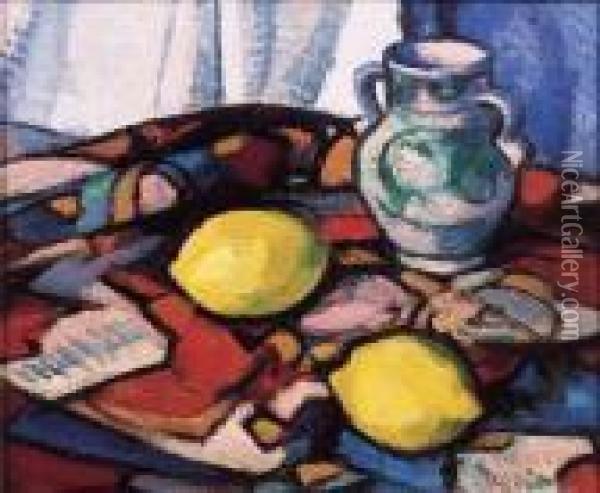 Lemons And A Pottery Vase On A Draped Table Oil Painting - Samuel John Peploe