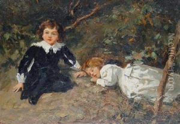 Children Resting In A Wood Oil Painting - Salvatore Postiglione