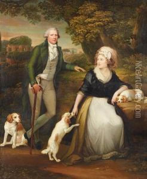 Portrait Of A Lady And Gentleman
 In An Italianate Landscape With Their Three Spaniels, A Villa In The 
Background Oil Painting - Hugh Douglas Hamilton