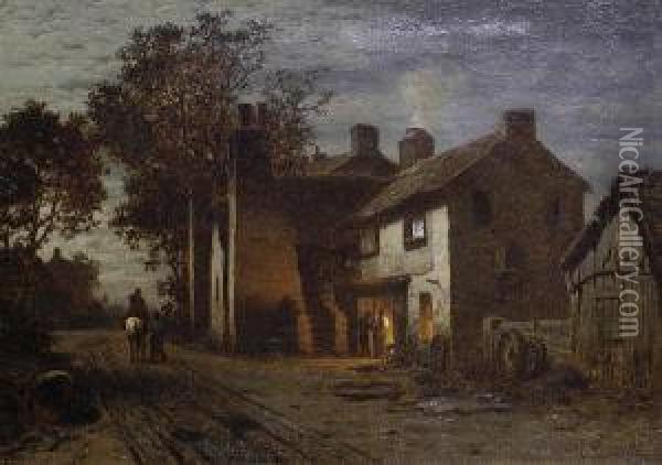 A Forge At Dusk Oil Painting - Louis, Carl Ludwig Douzette