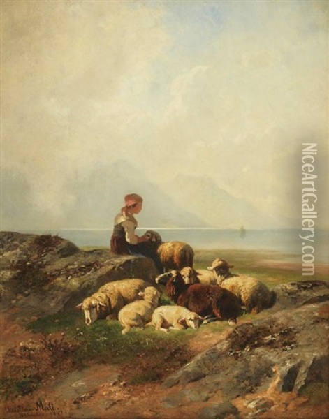 Bauernmadchen Mit Schafherde Am Oberbayerischen Bergsee (achensee), Im Hintergrund Die Gebirgskette Oil Painting - Christian Friedrich Mali
