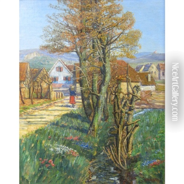 Village By A Brook, A Mountainous Landscape In The Distance Oil Painting - Heinrich Strieffler
