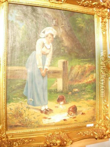 Jeune Femme Au Pot Casse. 1874 Oil Painting - Edward Swoboda