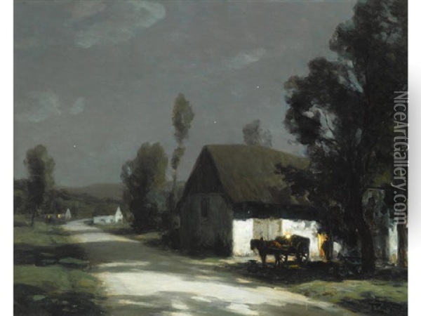 A Village Road In The Moonlight Oil Painting - Francois Charles Cachoud