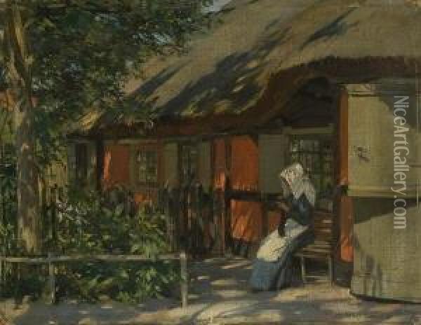Strickende Frau Vor Der
 Bauernkate. Oil Painting - Hermann Stockmann
