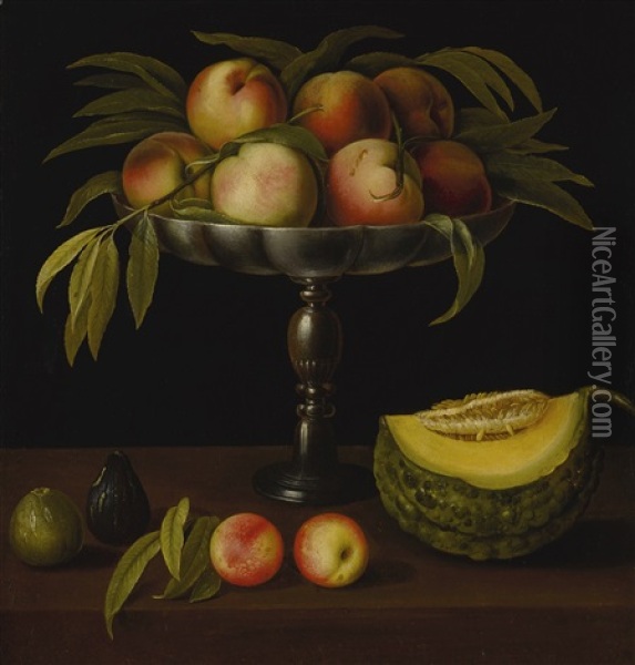 Still Life With A Raised Stand, Peaches, Figs, And A Pumpkin, All On A Marble Ledge Oil Painting - Panfilo Nuvolone