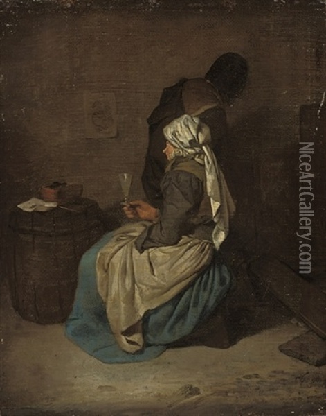 A Woman Seated Holding A Glass By A Barrel, A Man Behind, In An Interior Oil Painting - Cornelis Pietersz Bega