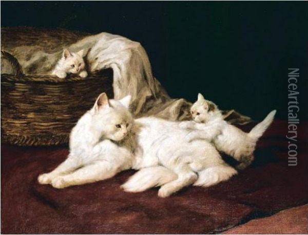 Cat And Kittens Oil Painting - Arthur Heyer