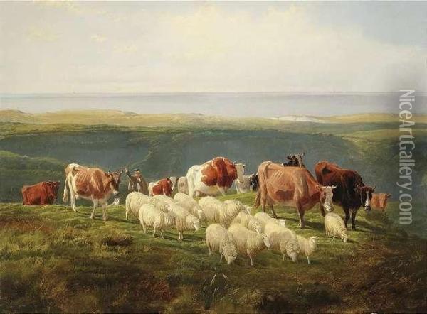 Flock Of Cattle And Sheep On A Pasture At Seashore Oil Painting - Friedrich Wilhelm Keyl