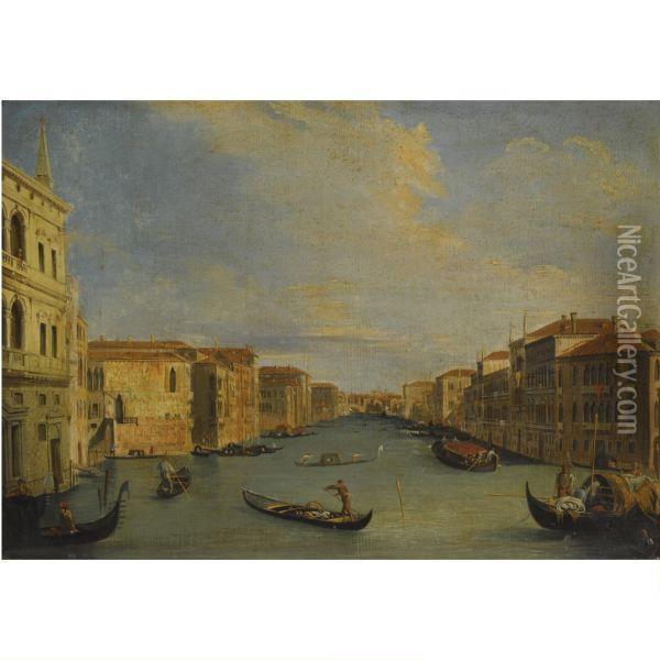 Venice, A View Of The Grand 
Canal Looking North-east From Thepalazzo Balibi Towards The Rialto 
Bridge Oil Painting - (Giovanni Antonio Canal) Canaletto
