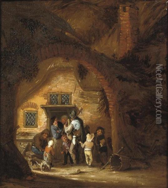 A Piper Playing Outside A Cottage With Children Gathered Aroundhim Oil Painting - Adriaen Jansz. Van Ostade